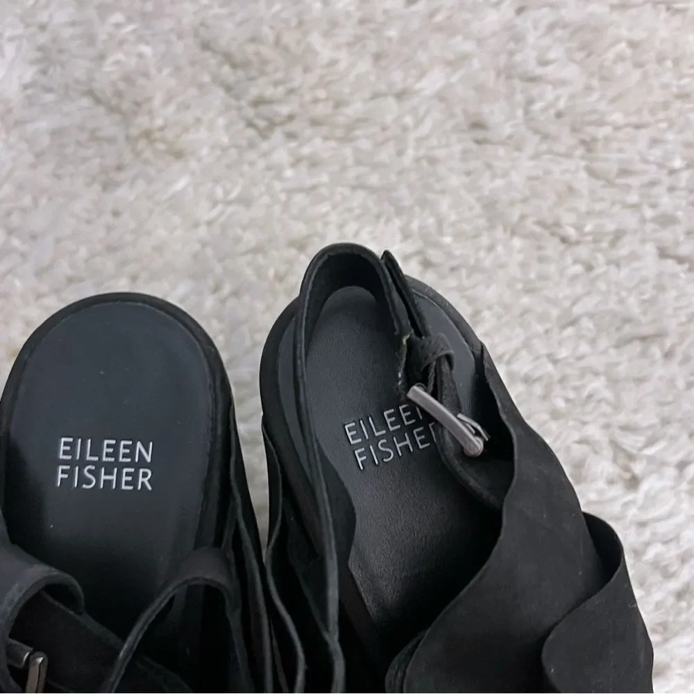 EILEEN FISHER Black Suede Closed Toe Mules Platform Chunky Women's Size 10
